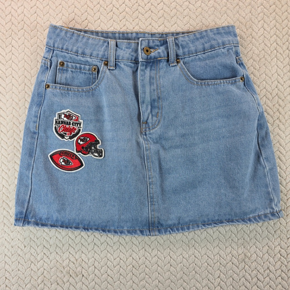 NFL Ultra Game Kansas City Chiefs Denim Mini Skirt Light Wash Blue Womens Small